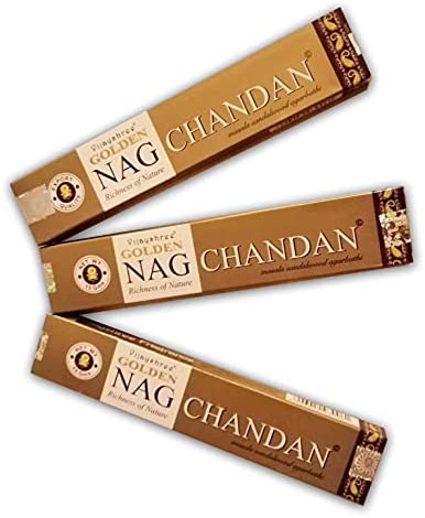 Golden Nag Chandan, Lote Incienso Aromático x 3 Vijayshree Nag Chandan, Incienso Natural Aromaterapia, Varitas de Incienso, 3 Cajas de 15 grs.