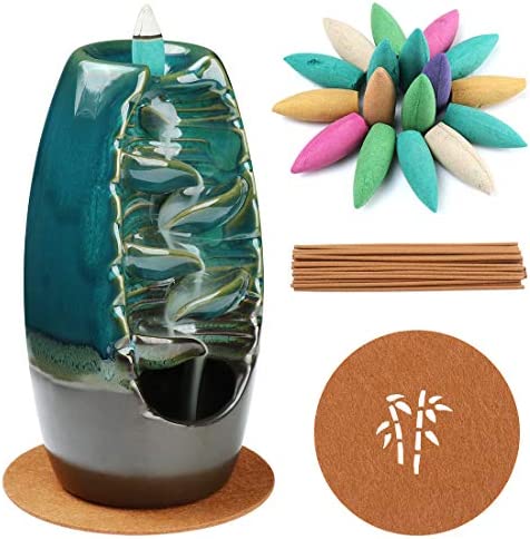 Verus Tang You - Quemador de incienso de reflujo de cerámica con cono de incienso de reflujo de 10 piezas Azúl